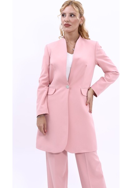 Kendinden Dik Yakalı Tek Düğmeli Uzun Ceket-Pudra fiyatları