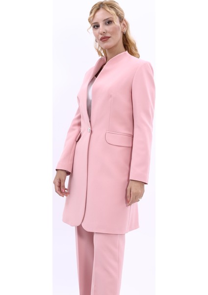 Kendinden Dik Yakalı Tek Düğmeli Uzun Ceket-Pudra modelleri