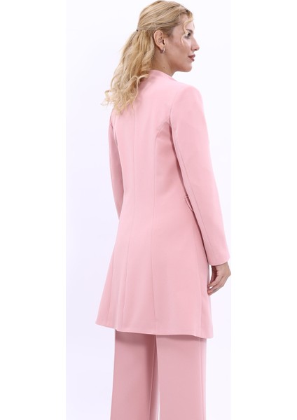 Kendinden Dik Yakalı Tek Düğmeli Uzun Ceket-Pudra fırsatları