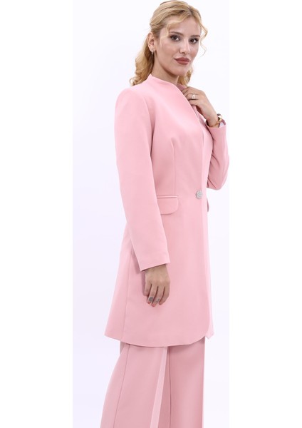 Kendinden Dik Yakalı Tek Düğmeli Uzun Ceket-Pudra indirimleri
