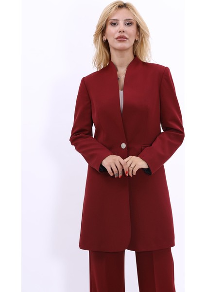 Kendinden Dik Yakalı Tek Düğmeli Uzun Ceket-Bordo indirimleri