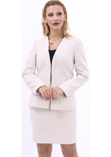 V Yaka Boydan Kuplu Kılasik Ceket-Bej