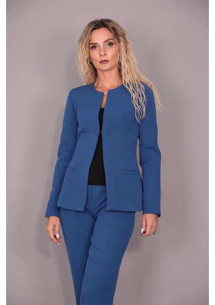 Oval Yaka Yandan Kuplu Klasik Ceket-Indigo