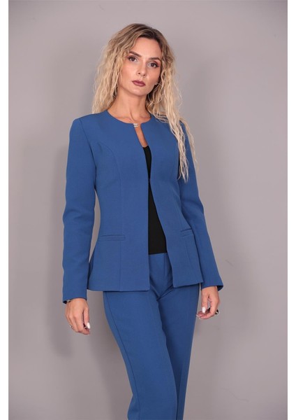 Oval Yaka Yandan Kuplu Klasik Ceket-Indigo modelleri