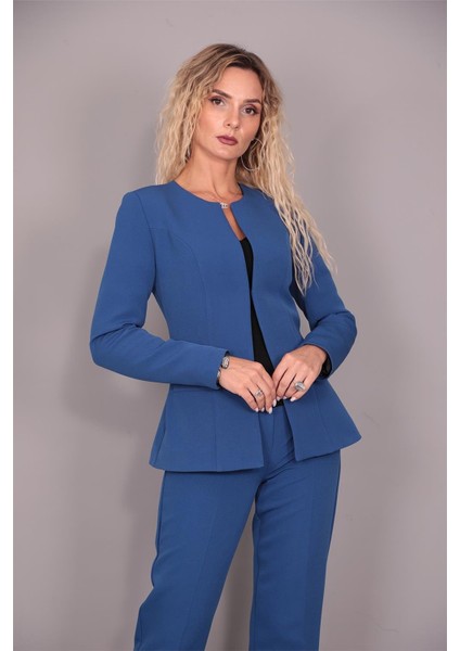Oval Yaka Yandan Kuplu Klasik Ceket-Indigo fırsatları