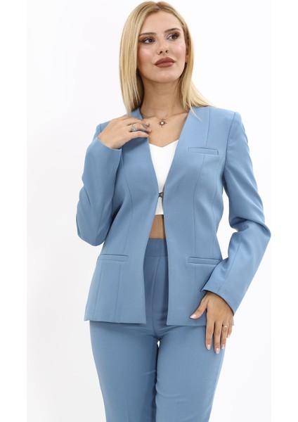 V Yaka Boydan Kuplu Kılasik Ceket-Deniz