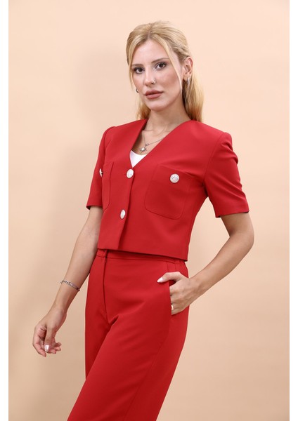 V Yaka Kısa Ceket-Kırmızı