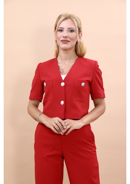 V Yaka Kısa Ceket-Kırmızı indirimleri