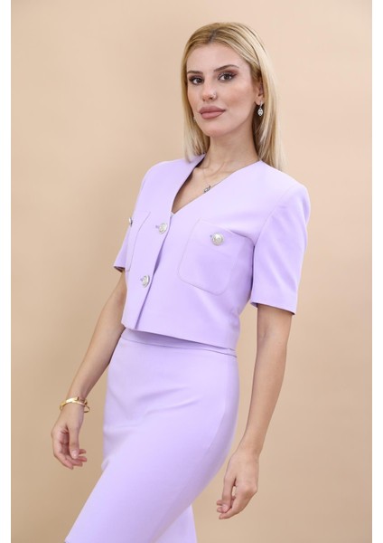 V Yaka Kısa Ceket-Menekşe