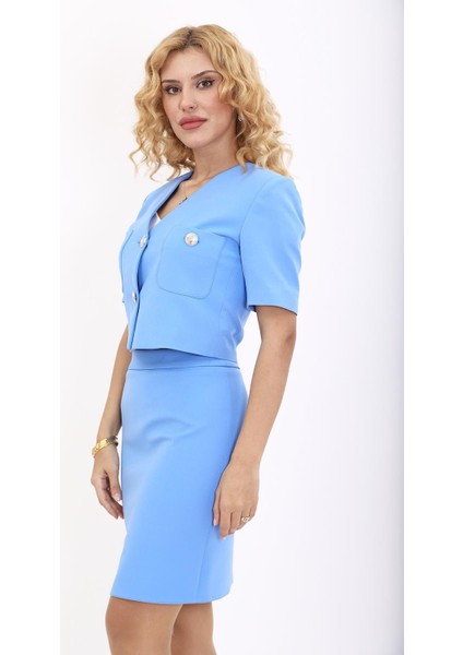 V Yaka Kısa Ceket-Gökyüzü indirimleri