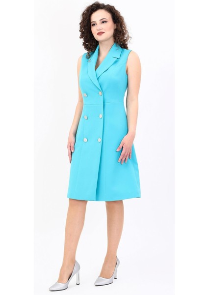Erkek Yaka Belden Kesik Kuruvaze Elbise-Turkuaz