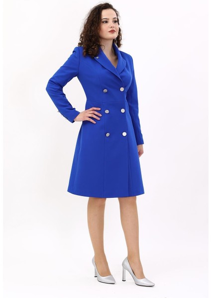 Erkek Yaka Kuruvaze Uzun Kol Elbise-Saks