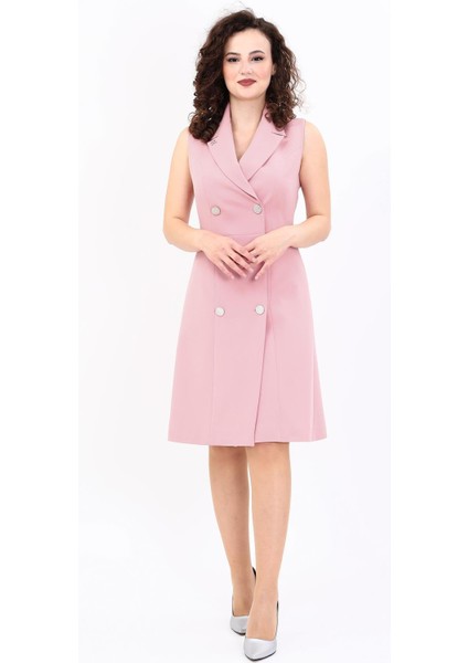 Erkek Yaka Kuruvaze Elbise-Pudra