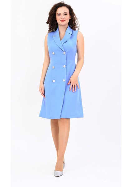 Erkek Yaka Belden Kesik Kuruvaze Elbise-Gökyüzü