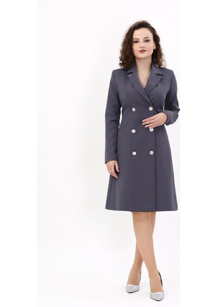 Erkek Yaka Kuruvaze Uzun Kol Elbise-Füme