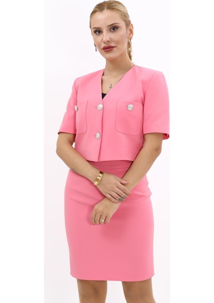V Yaka Kısa Ceket-Pembe fırsatları