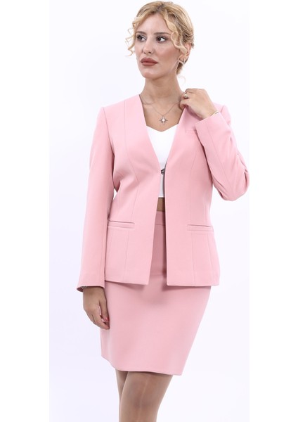 V Yaka Boydan Kuplu Kılasik Ceket-Pudra