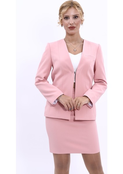 V Yaka Boydan Kuplu Kılasik Ceket-Pudra modelleri