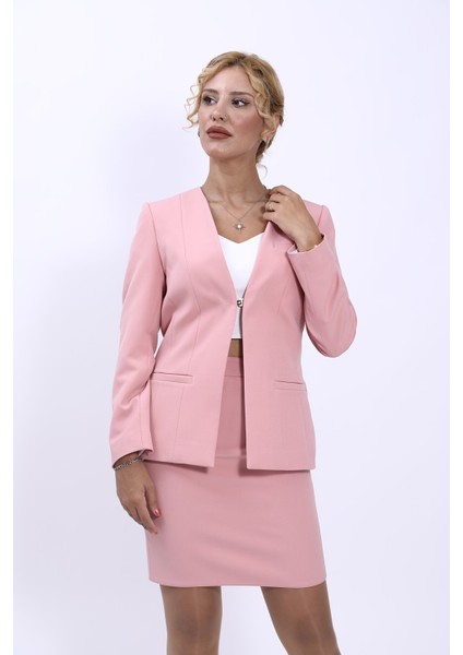 V Yaka Boydan Kuplu Kılasik Ceket-Pudra fırsatları