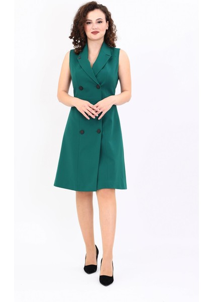 Erkek Yaka Belden Kesik Kuruvaze Elbise-Zümrüt