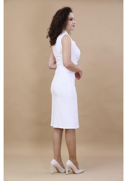 Erkek Yaka Yandan Fermuarlı Elbise-Beyaz fiyatları