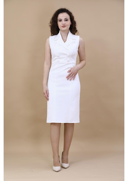 Erkek Yaka Yandan Fermuarlı Elbise-Beyaz modelleri