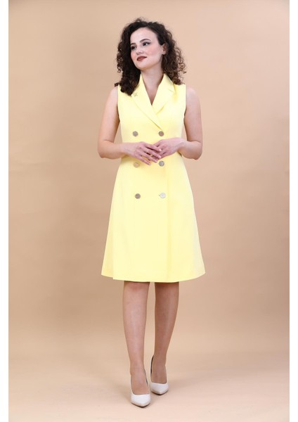 Erkek Yaka Belden Kesik Kuruvaze Elbise-Sarı