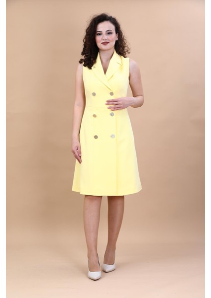 Erkek Yaka Belden Kesik Kuruvaze Elbise-Sarı modelleri