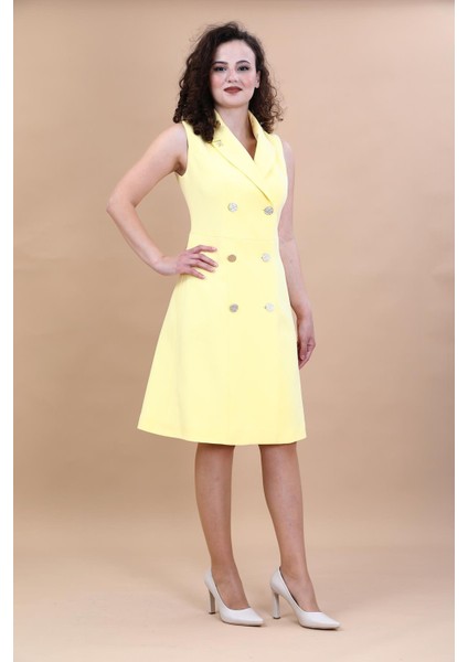 Erkek Yaka Belden Kesik Kuruvaze Elbise-Sarı indirimleri