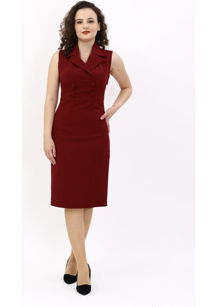 Erkek Yaka Yandan Fermuarlı Elbise-Bordo