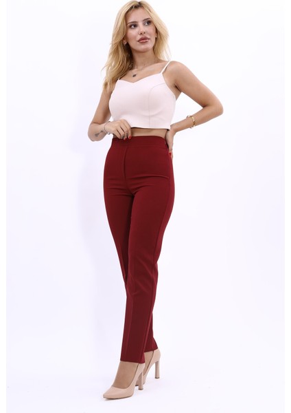 Lastikli Dar Paça Pantolon-Bordo fırsatları