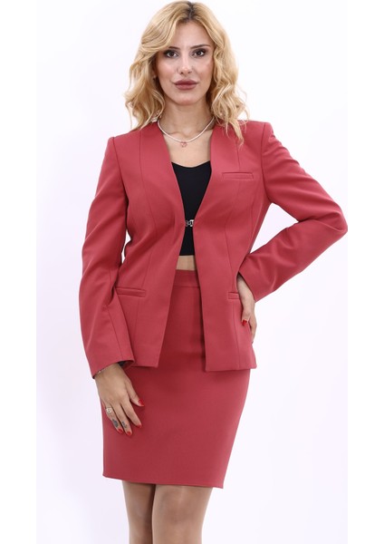 V Yaka Boydan Kuplu Kılasik Ceket-Kiremit