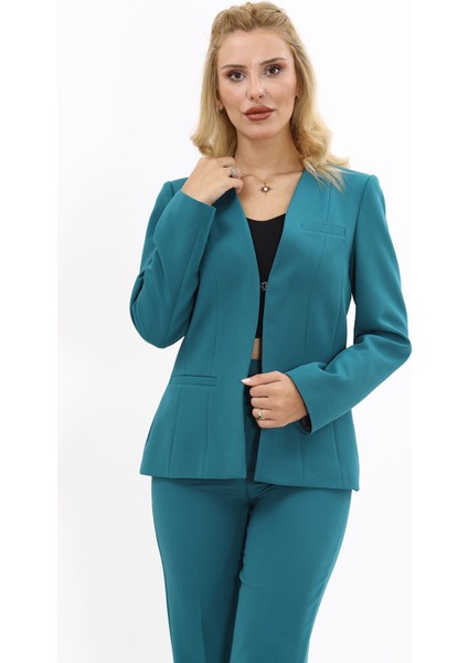 V Yaka Boydan Kuplu Kılasik Ceket-Petrol