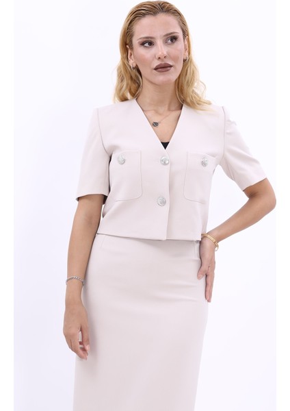 V Yaka Kısa Ceket-Bej