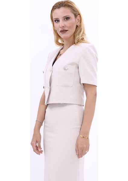 V Yaka Kısa Ceket-Bej fiyatları