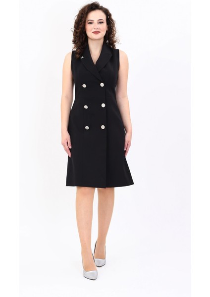 Erkek Yaka Belden Kesik Kuruvaze Elbise-Siyah