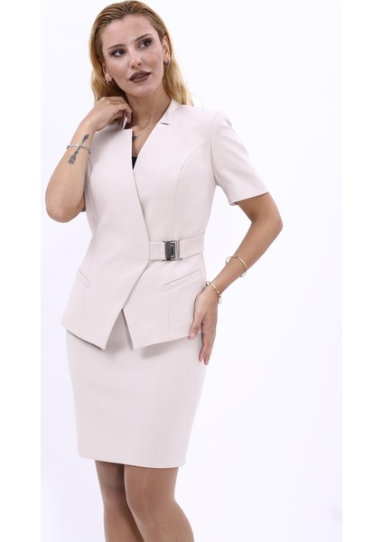 Hakim Yaka Yandan Tokalı Çapraz Ceket-Bej