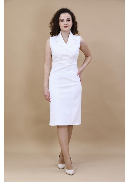 Erkek Yaka Yandan Fermuarlı Elbise-Beyaz