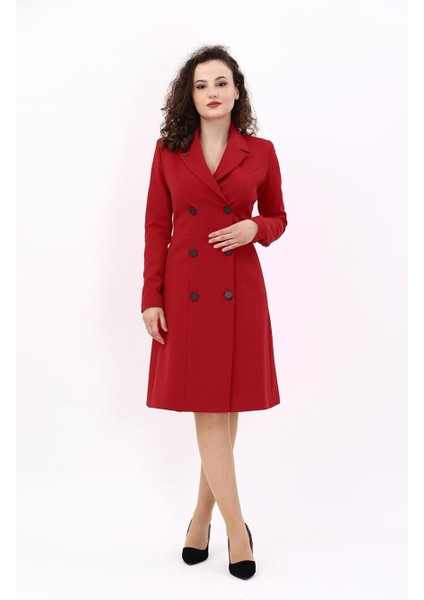 Erkek Yaka Kuruvaze Uzun Kol Elbise-Kırmızı