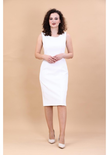 Kokteyl Sıfır Kol Elbise-Beyaz