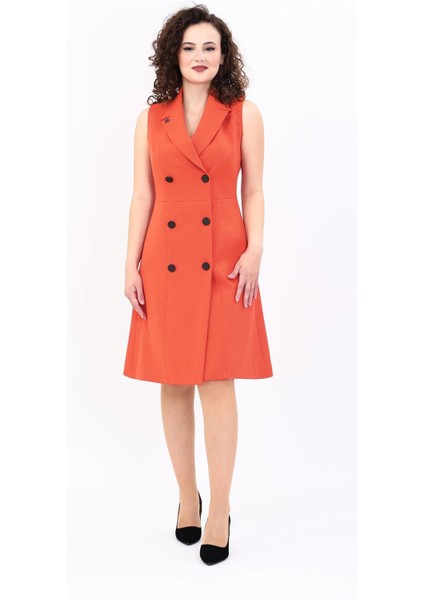 Erkek Yaka Belden Kesik Kuruvaze Elbise-Turuncu