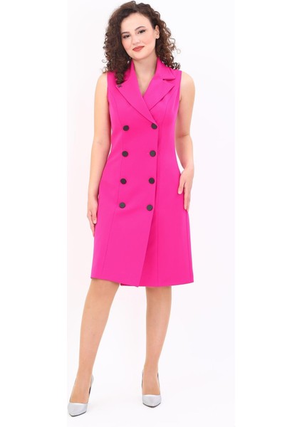Erkek Yaka Kuruvaze Elbise-Fuşya