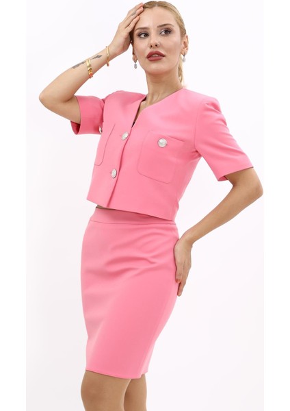 V Yaka Kısa Ceket-Pembe