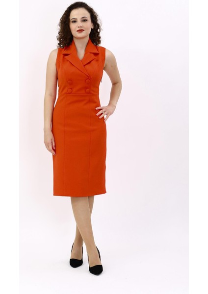 Erkek Yaka Yandan Fermuarlı Elbise-Turuncu