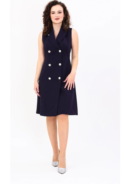 Erkek Yaka Belden Kesik Kuruvaze Elbise-Lacivert