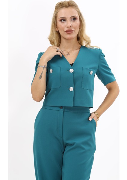 V Yaka Kısa Ceket-Petrol