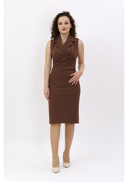 Erkek Yaka Yandan Fermuarlı Elbise-Kestane modelleri