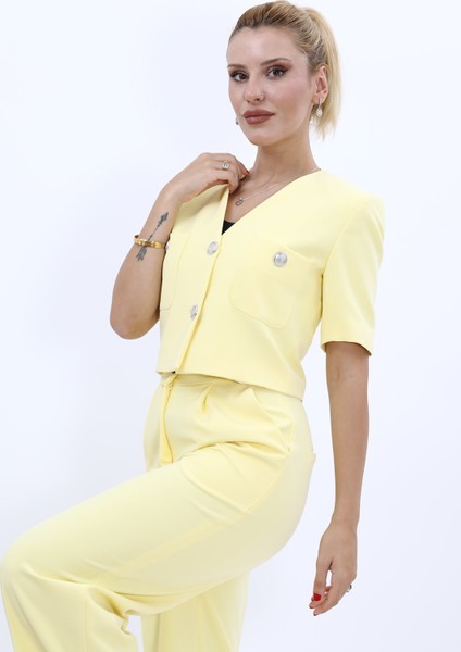 V Yaka Kısa Ceket-Sarı