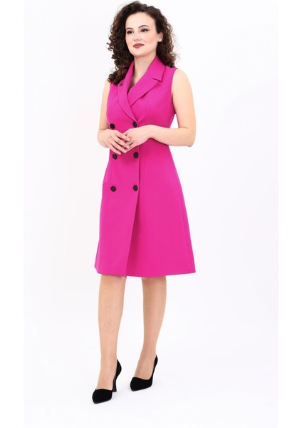 Erkek Yaka Belden Kesik Kuruvaze Elbise-Fuşya fiyatları