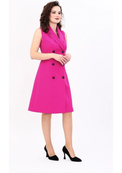 Erkek Yaka Belden Kesik Kuruvaze Elbise-Fuşya modelleri